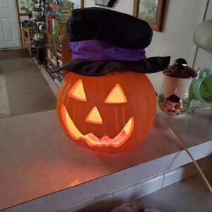 Halloween Plug in Light Up Pumpkin With Black Hat Purple Ribbon